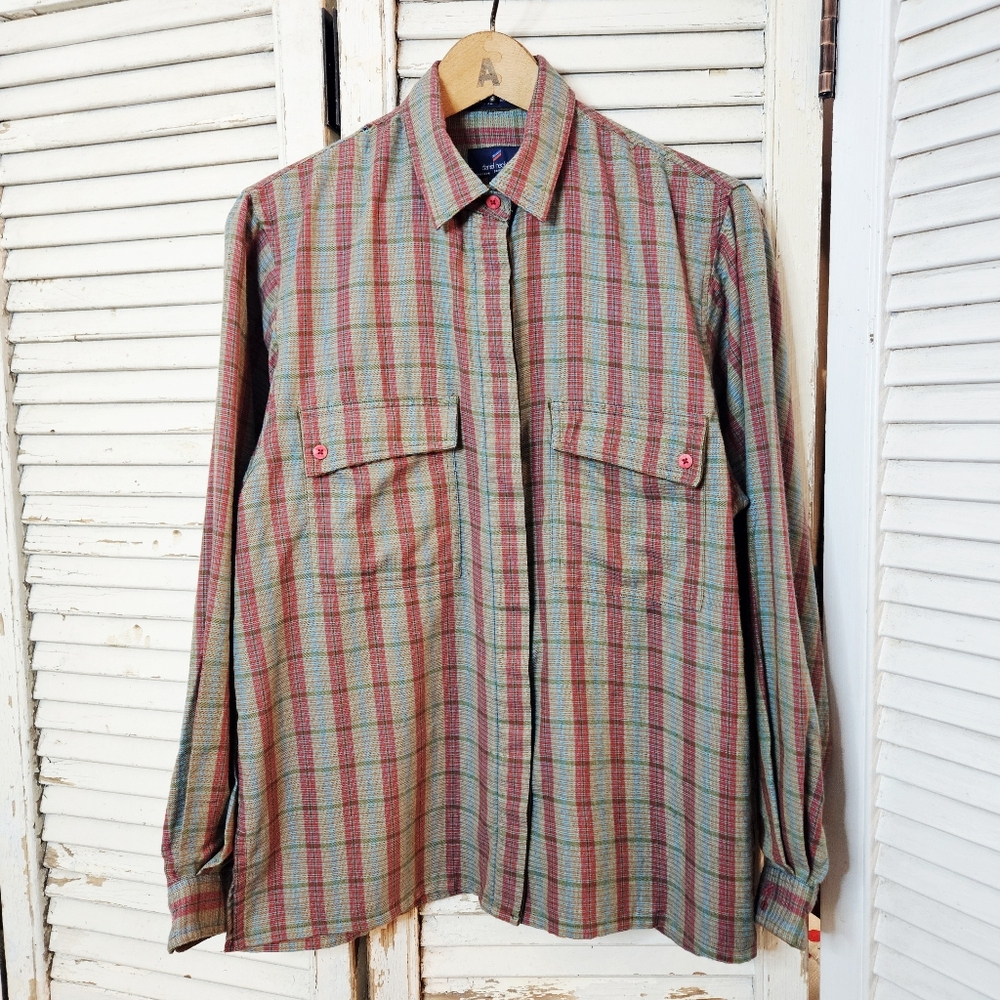 Vintage 70s Pink & Green Plaid Flannelette Button Down With Corduroy Details M